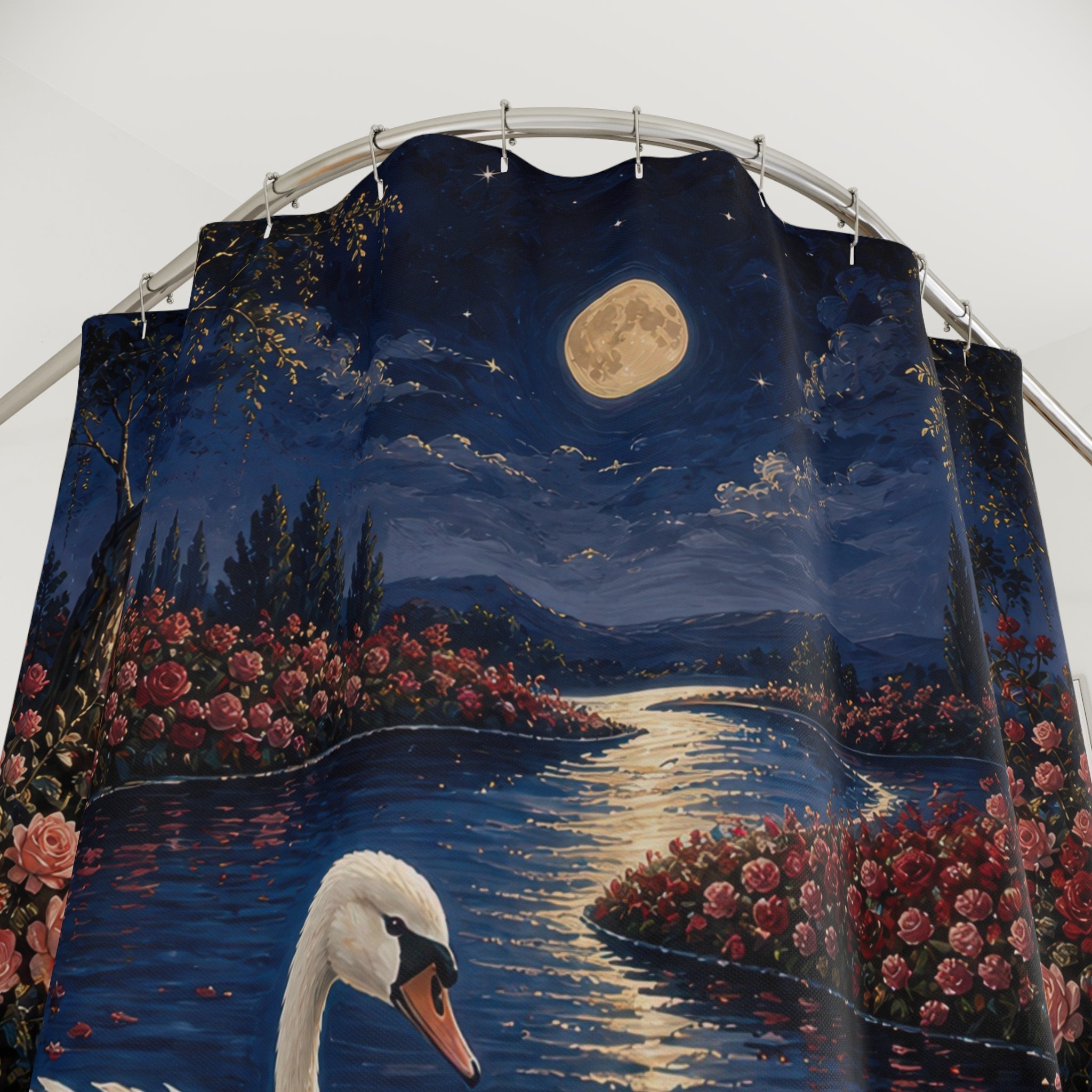 Moonlit Swan Valentine Shower Curtain