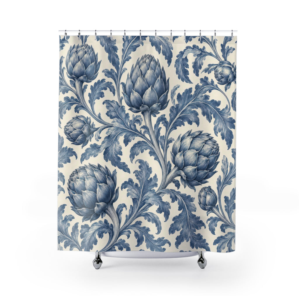 Blue artichokes and curling lobed leaves on cream shower curtain with full front view