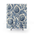 Blue artichokes and curling lobed leaves on cream shower curtain with full front view