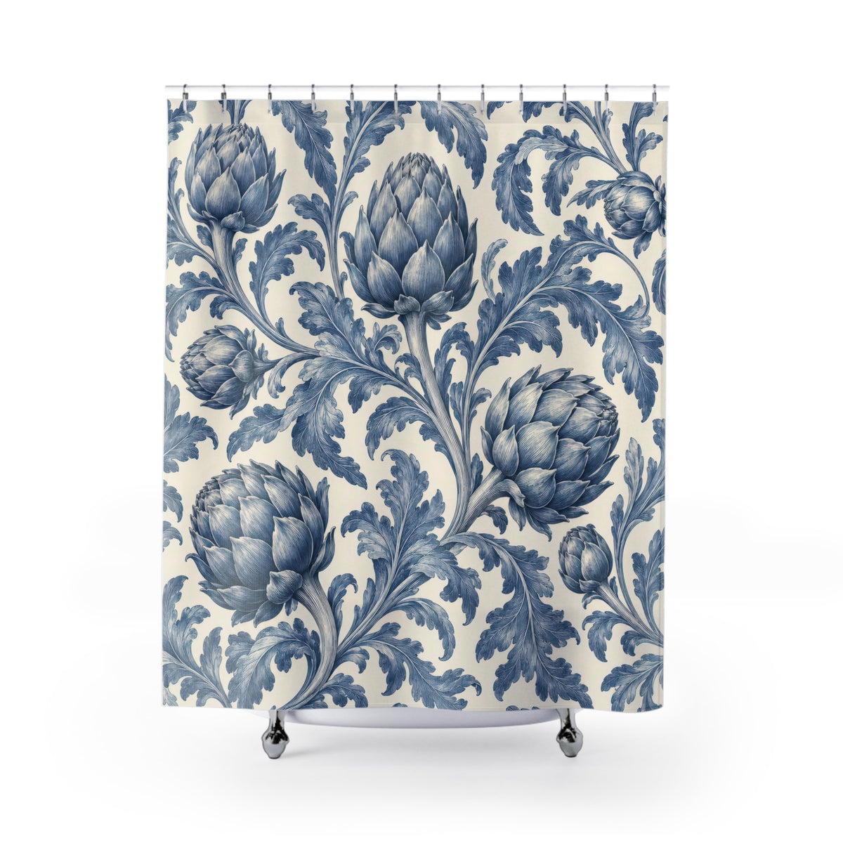 Blue artichokes and curling lobed leaves on cream shower curtain with full front view