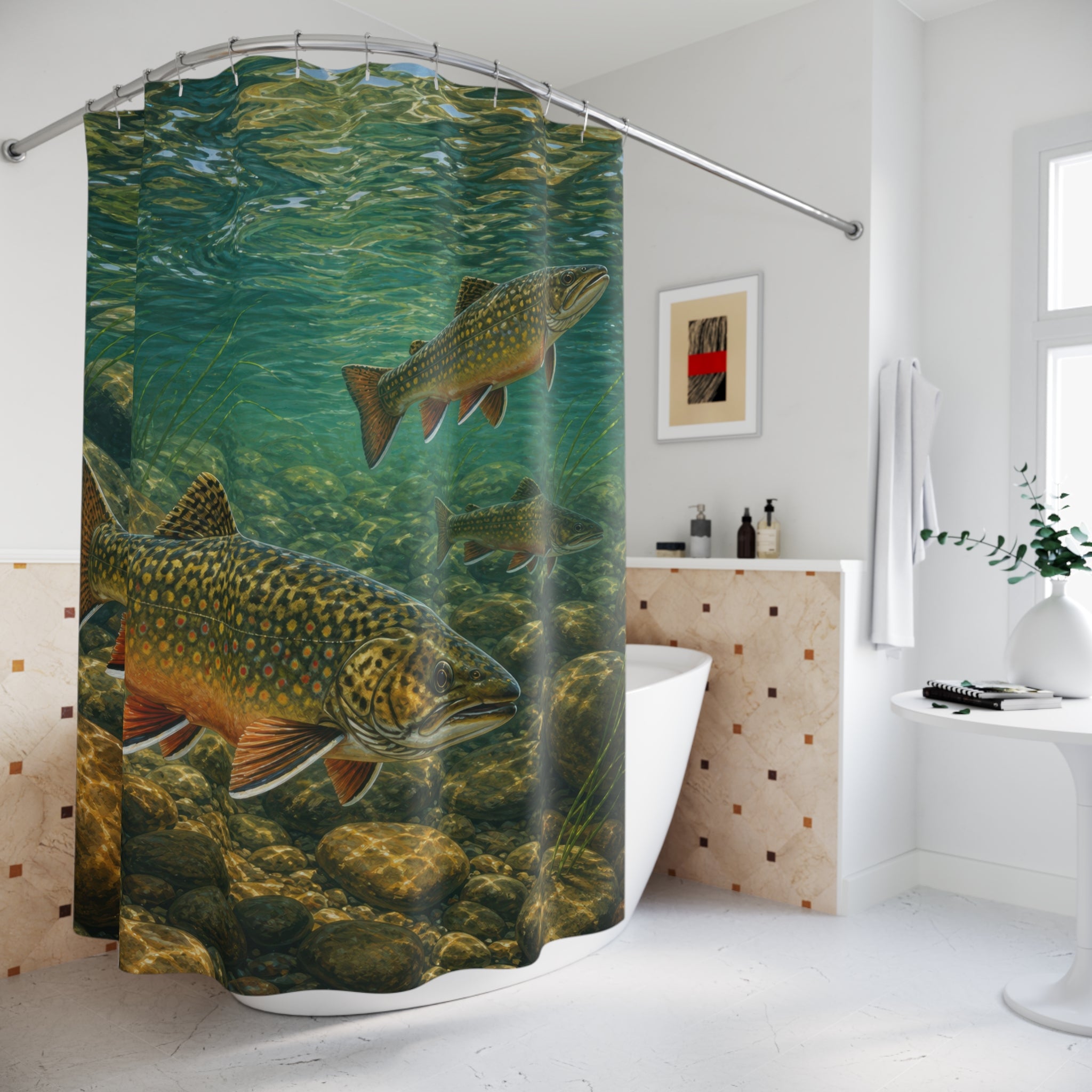 Speckled brook trout swimming above river stones in teal water shower curtain beside a freestanding tub