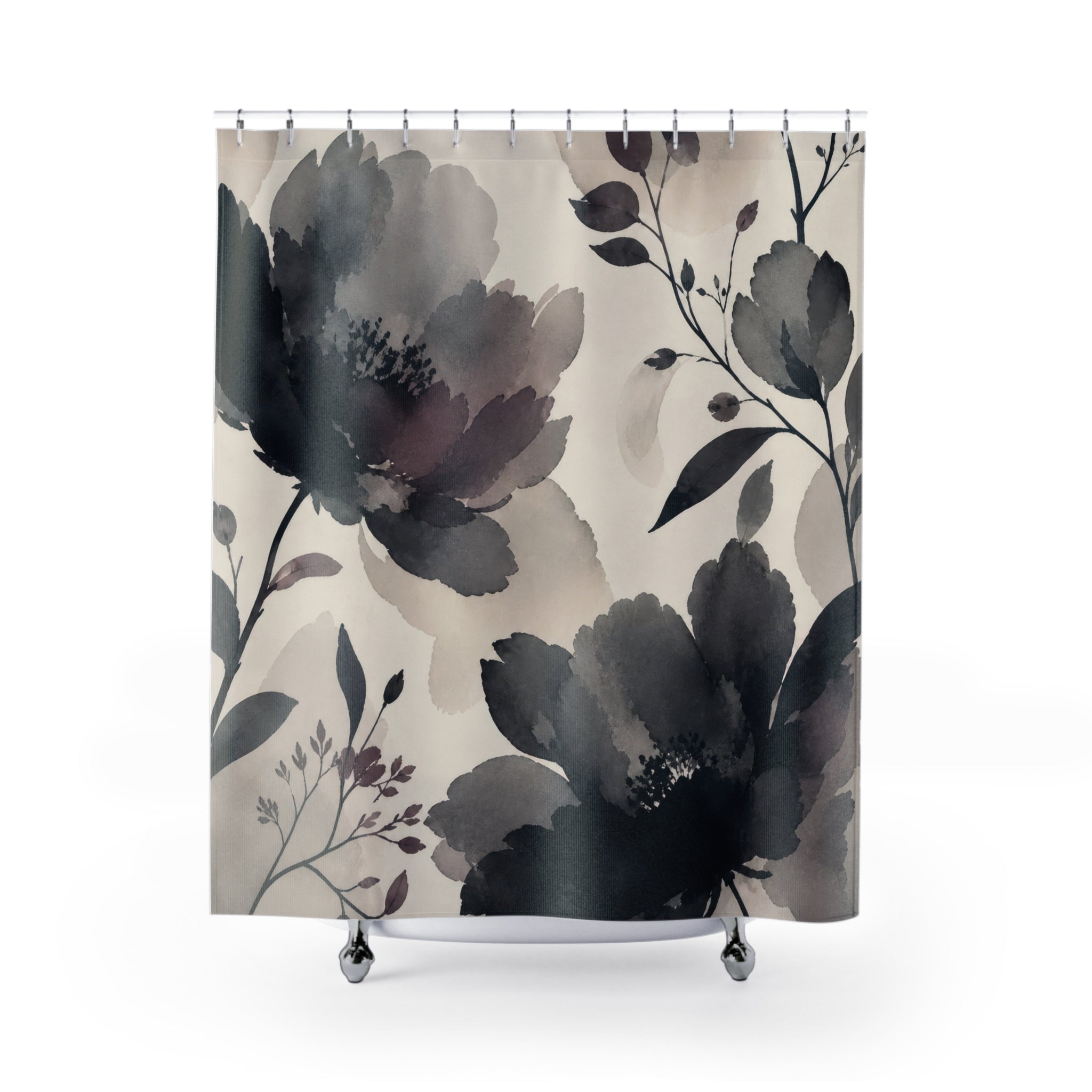 Black Gray Watercolor Flower Shower Curtain