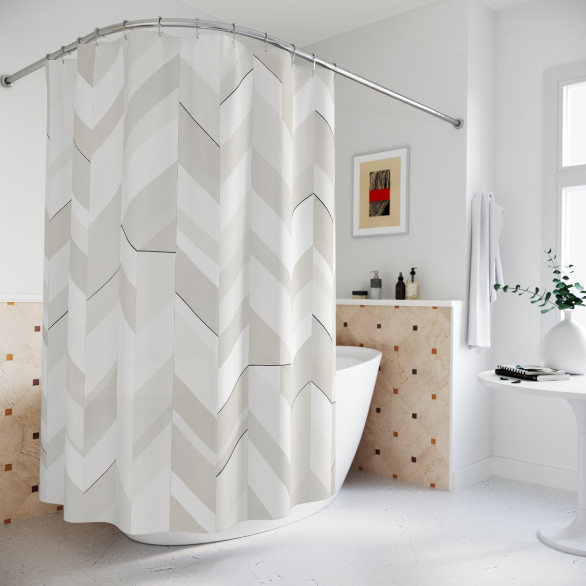 White and greige herringbone terraces with dark accents shower curtain beside a freestanding tub