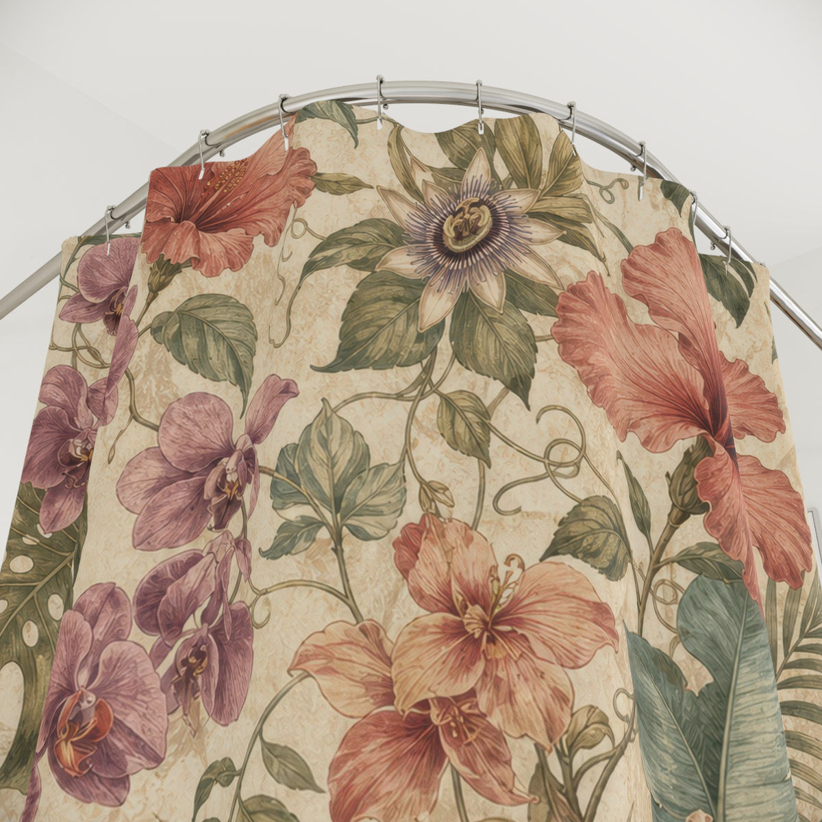 Vintage Hibiscus Botanical tropical floral shower curtain with close-up print, hooks, and folds