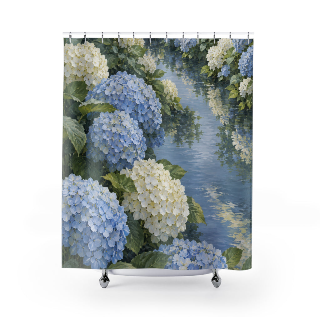 Blue and ivory hydrangeas beside a reflective garden pool shower curtain with full front view