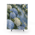 Blue and ivory hydrangeas beside a reflective garden pool shower curtain with full front view