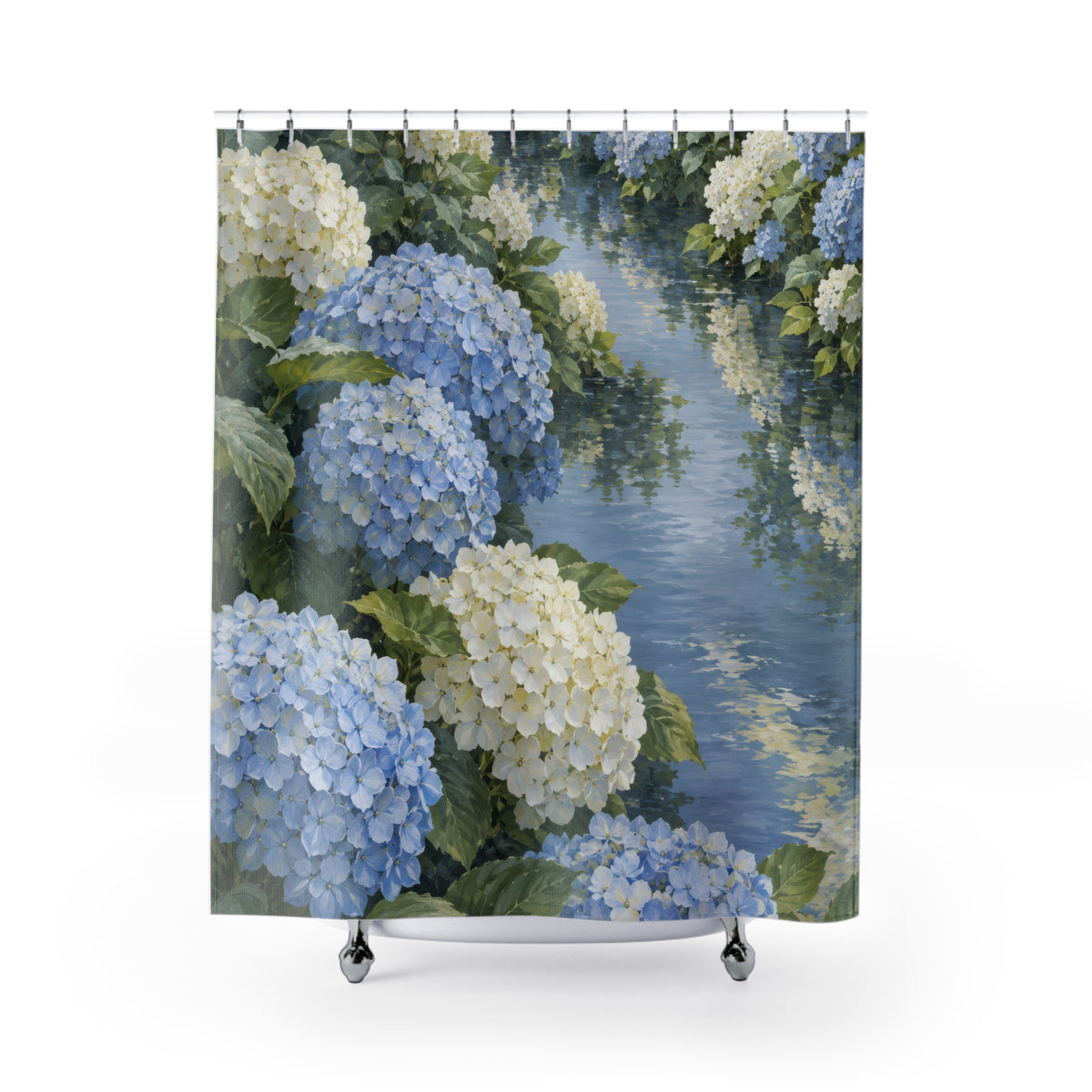 Blue and ivory hydrangeas beside a reflective garden pool shower curtain with full front view