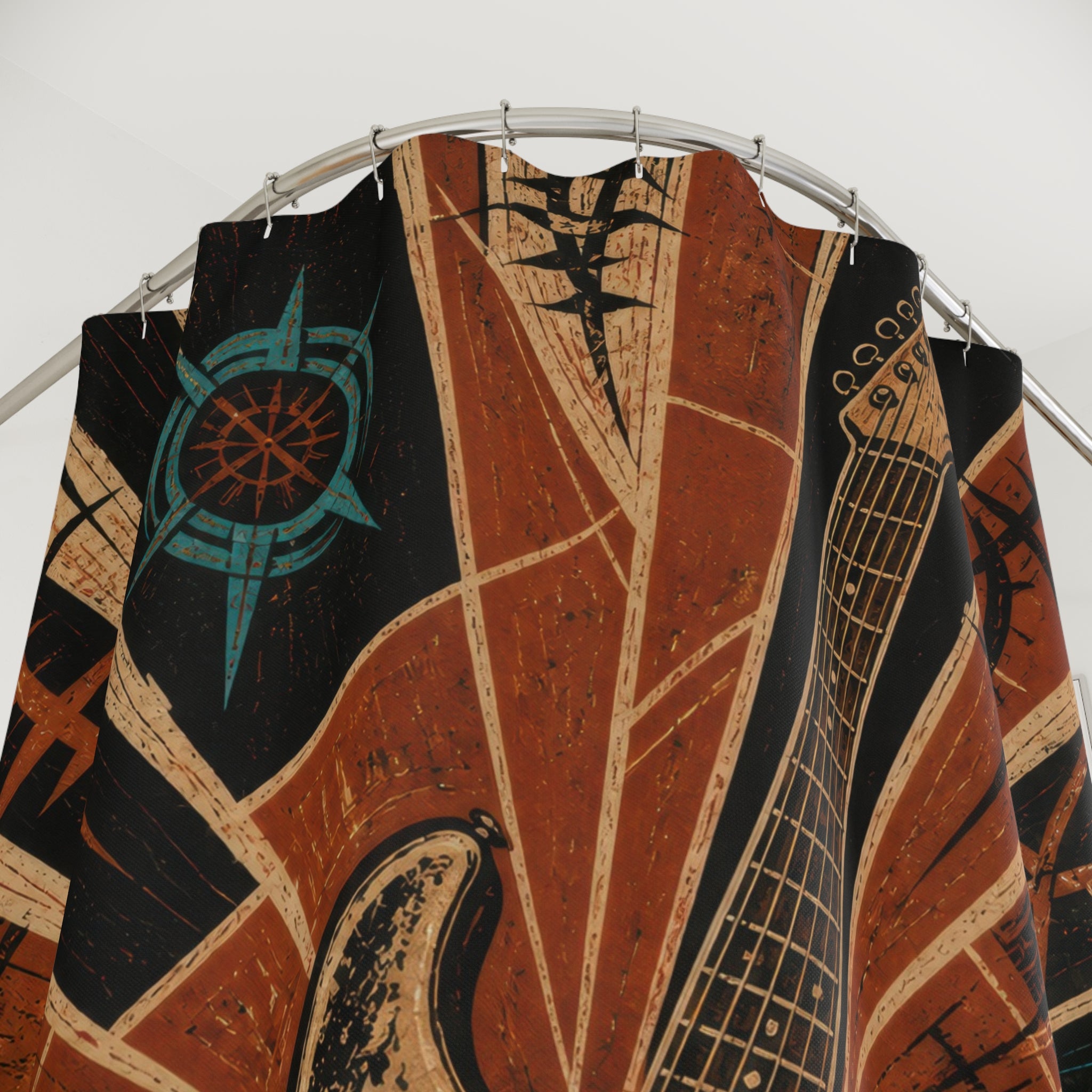 Weathered electric guitar in a terracotta block print burst shower curtain with close-up print, hooks, and folds