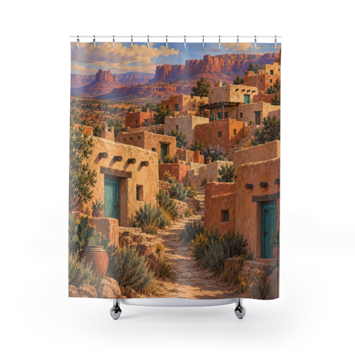Warm adobe houses with turquoise doors and a stone path shower curtain with full front view