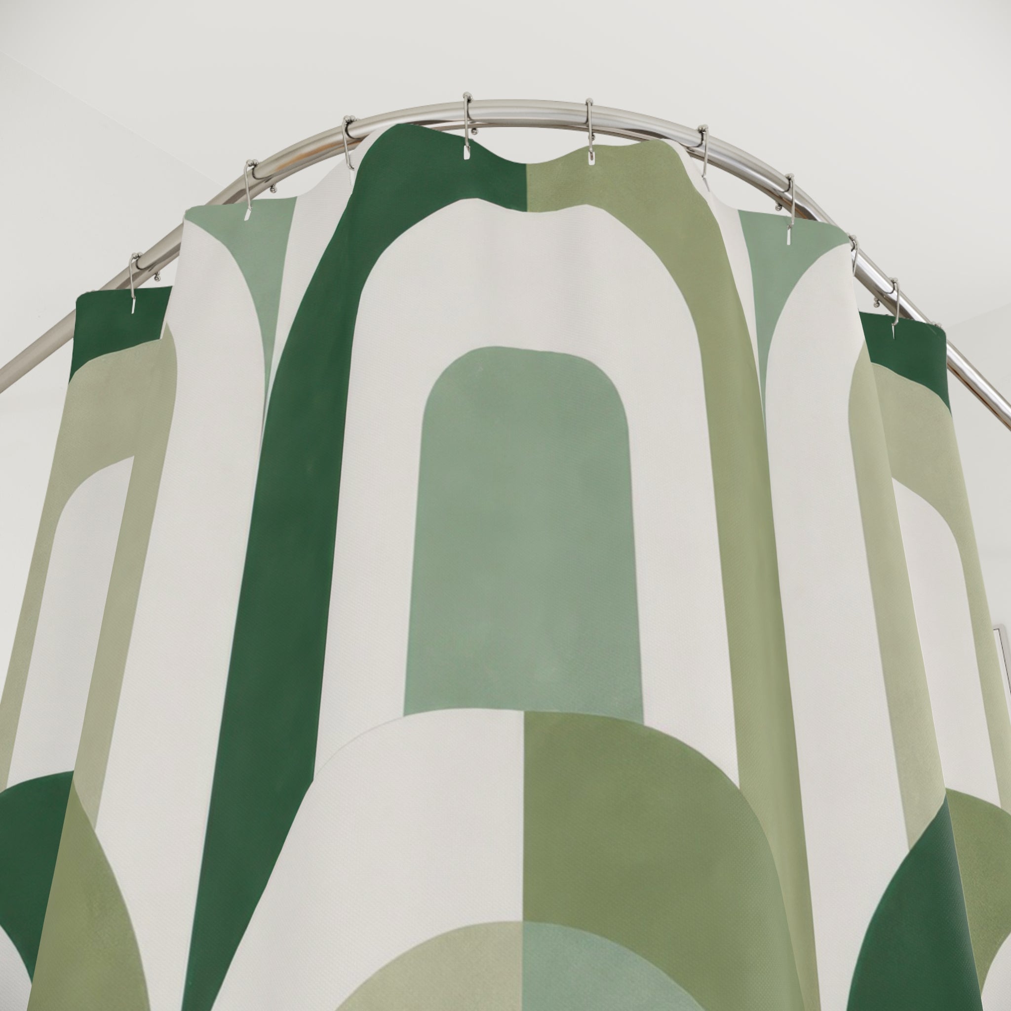 Green White Shower Curtain, Mid Century Arch Bath Decor, Sage Geometric Pattern, Modern Guest Bathroom Decor, Retro Green Style Decor