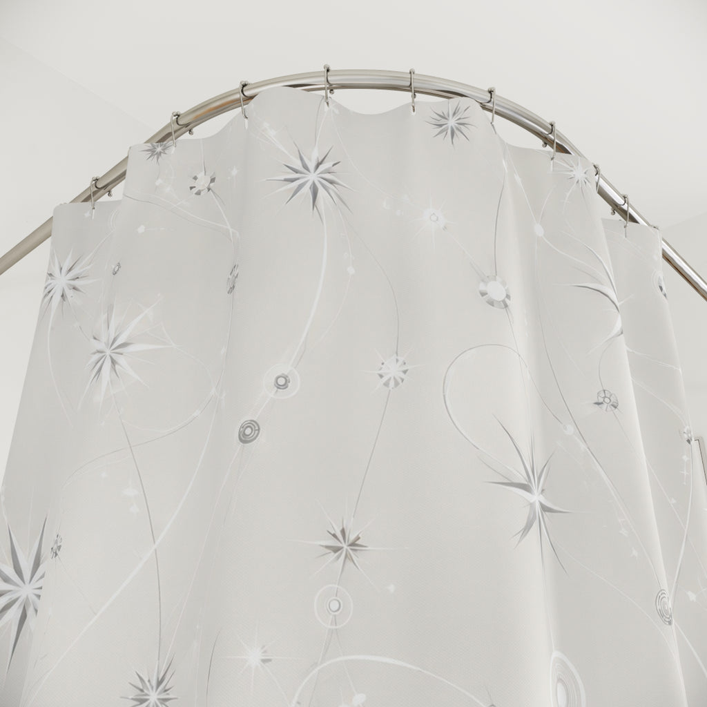 Silver starbursts and faceted nodes linked by white orbit lines shower curtain with close-up print, hooks, and folds