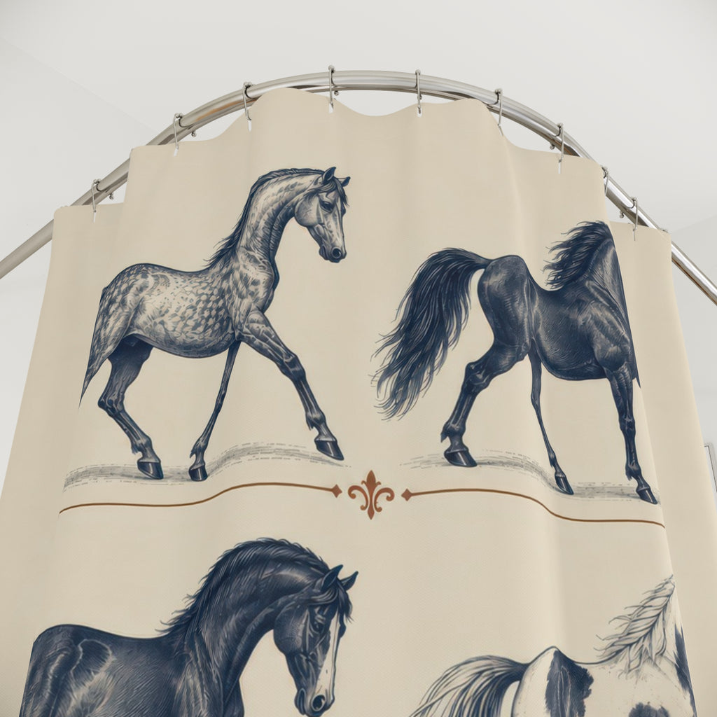 Indigo horse studies in three rows on ivory shower curtain with close-up print, hooks, and folds