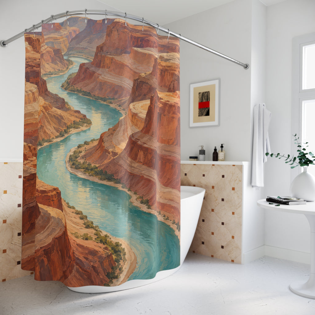 Turquoise river between terracotta sandstone canyon cliffs shower curtain beside a freestanding tub