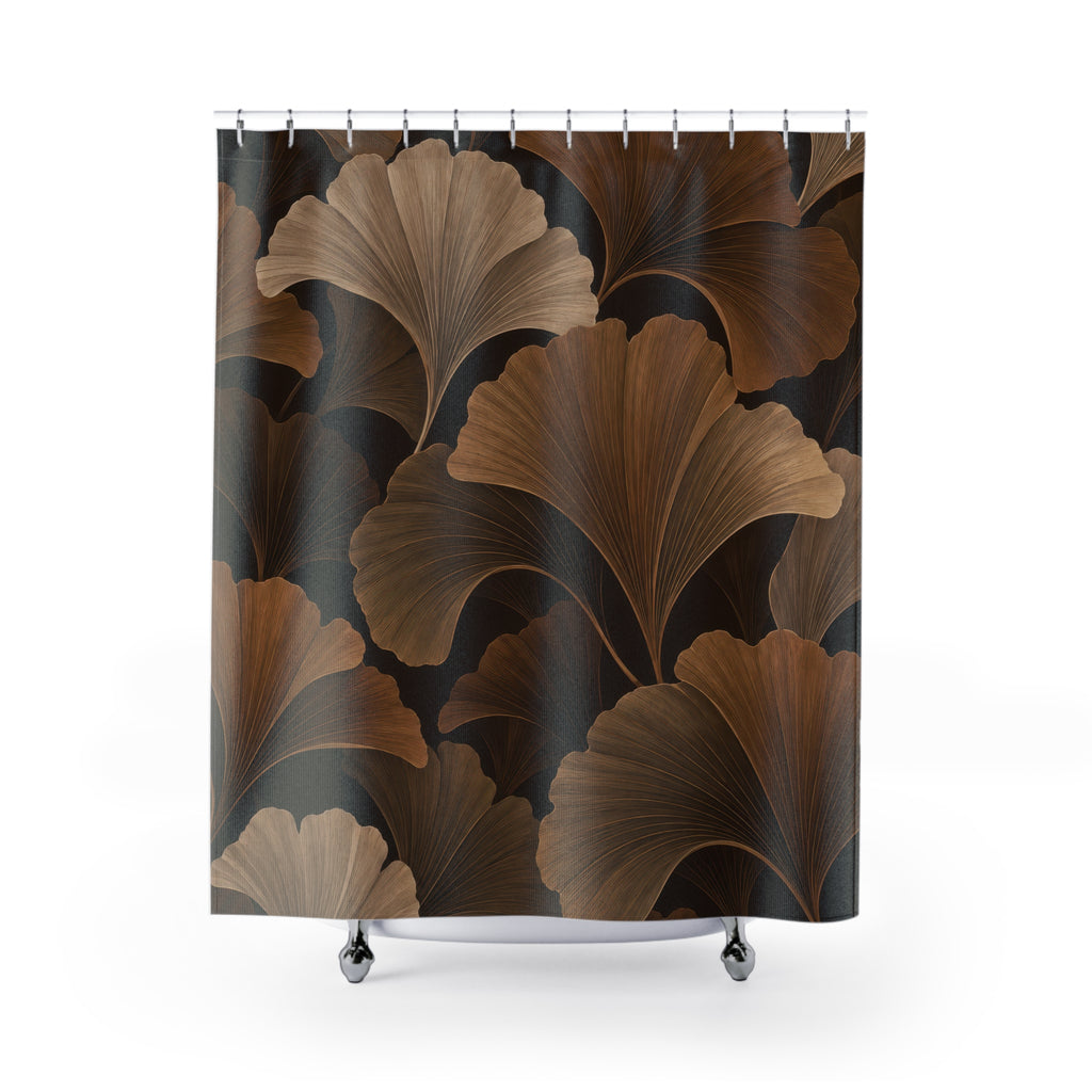 Brown and taupe ginkgo fans on an espresso background shower curtain with full front view