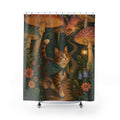 Cat strolling beneath glowing giant mushroom canopies shower curtain with full front view