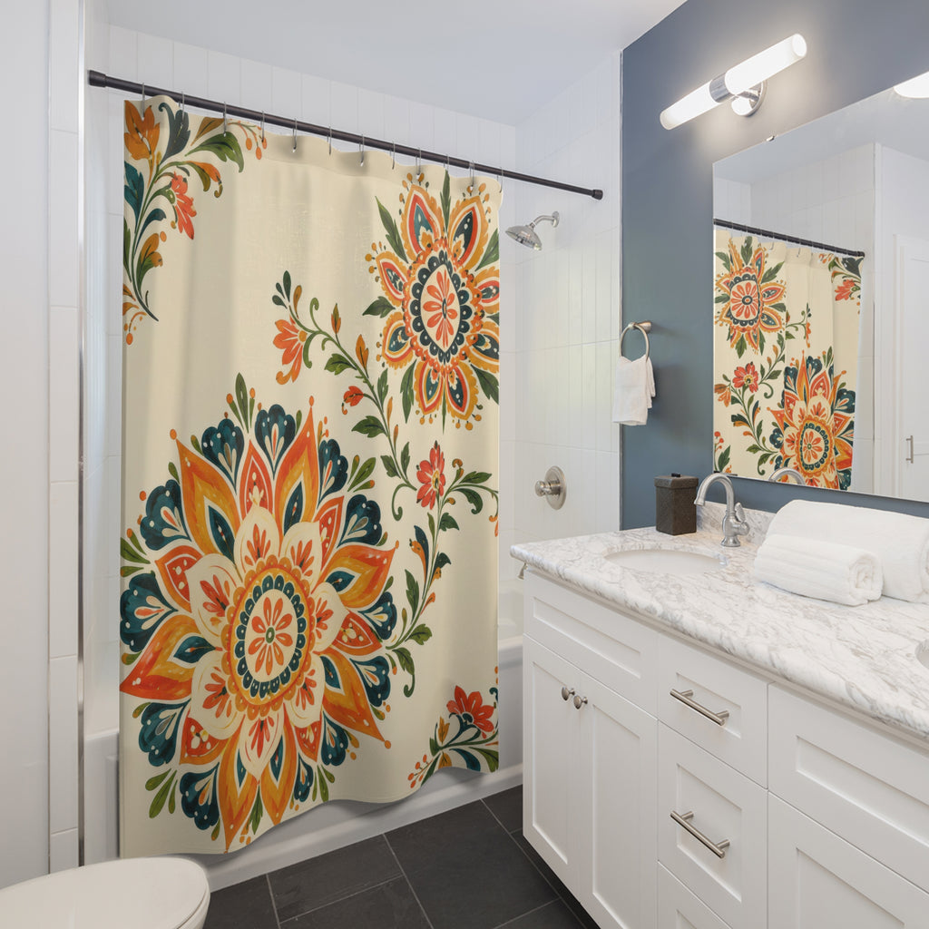 Twin floral sunbursts on warm cream shower curtain beside a white vanity