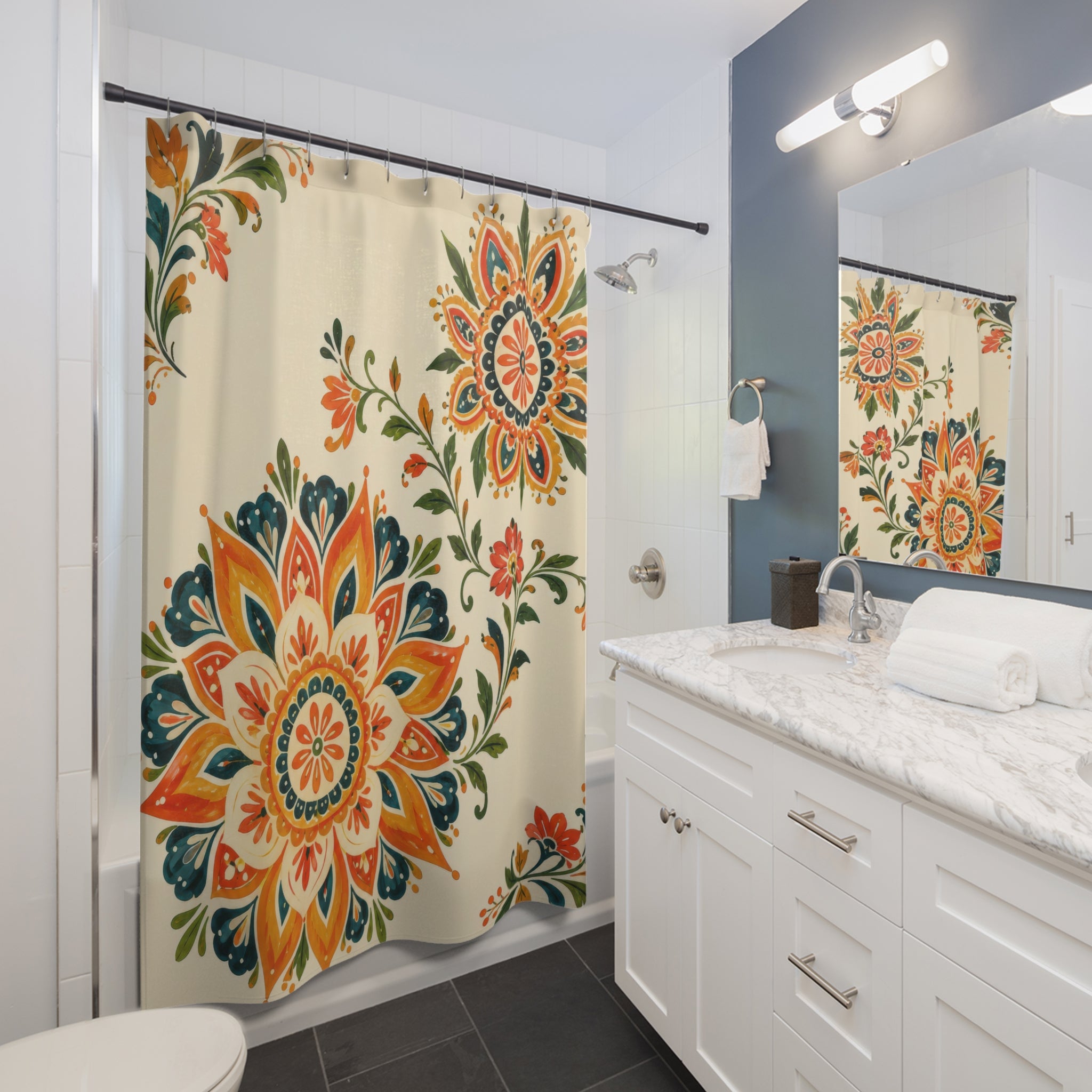 Twin floral sunbursts on warm cream shower curtain beside a white vanity