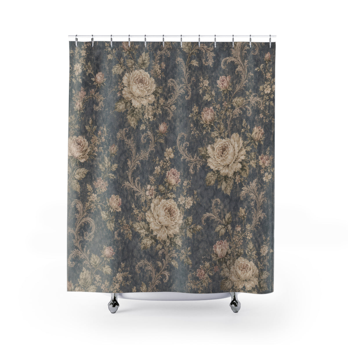 Slate Blue Vintage Rose dark shower curtain with full front view