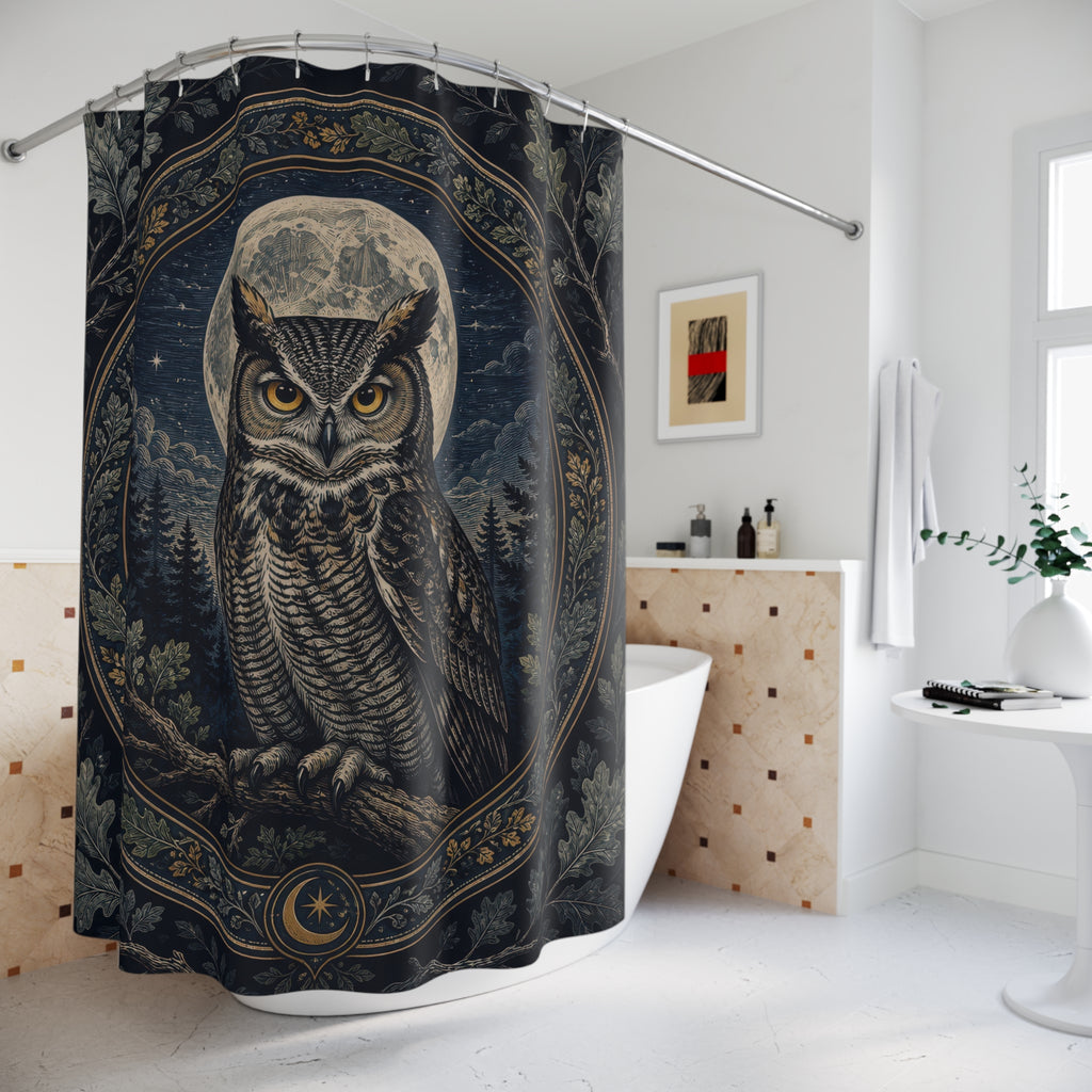 Indigo owl framed by a silver moonlit botanical medallion shower curtain styled beside a freestanding tub