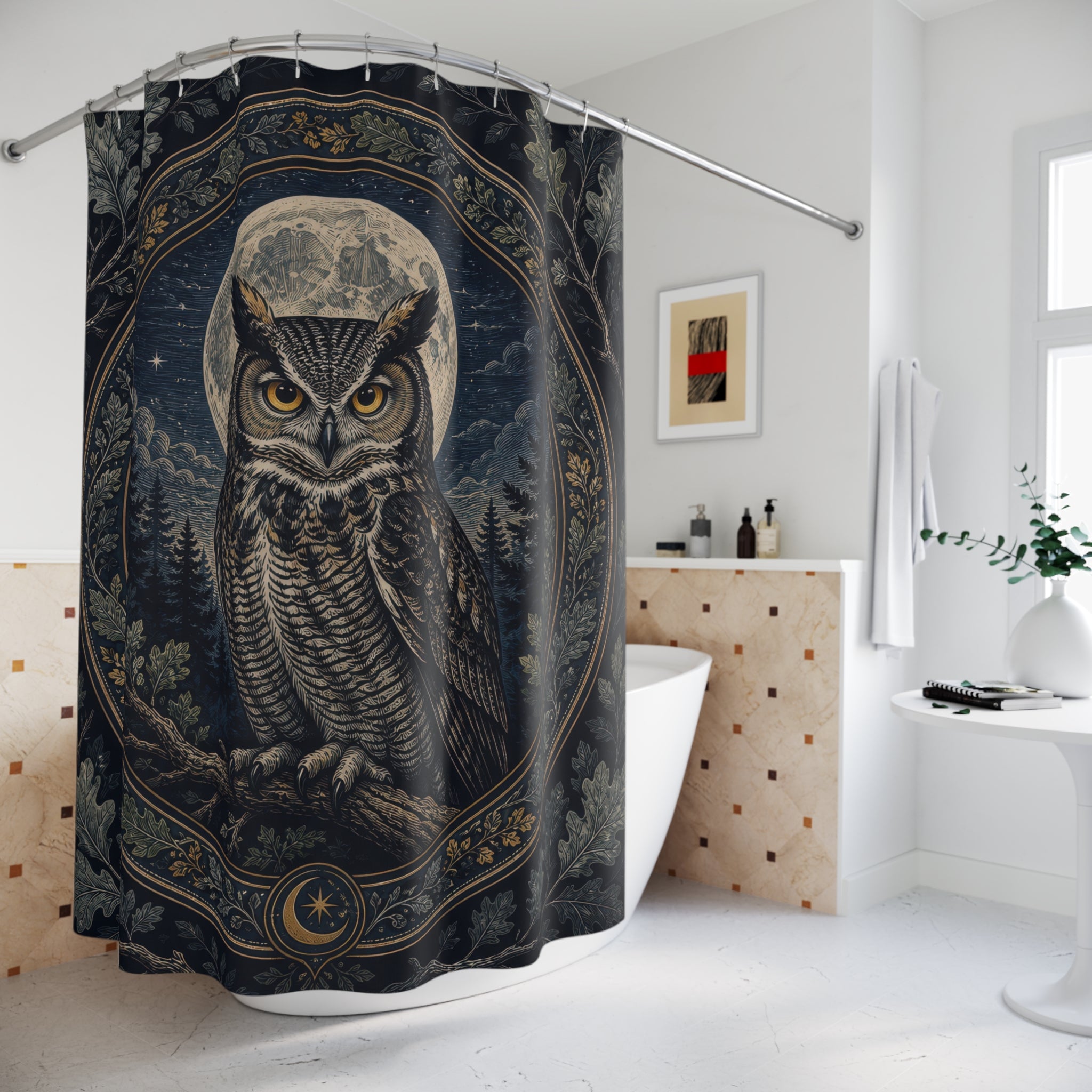 Indigo owl framed by a silver moonlit botanical medallion shower curtain styled beside a freestanding tub