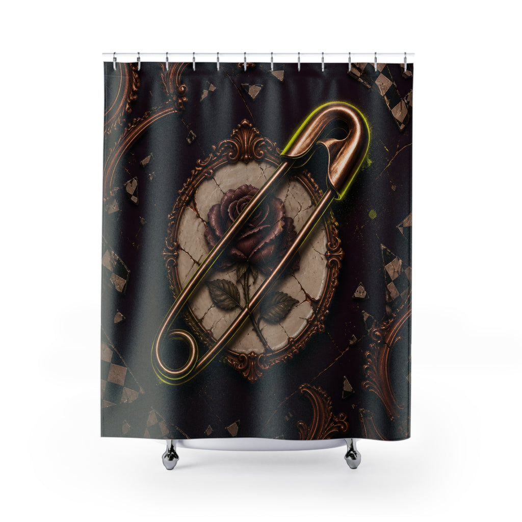 Safety pin crossing a cracked porcelain rose with checker shards shower curtain with full front view