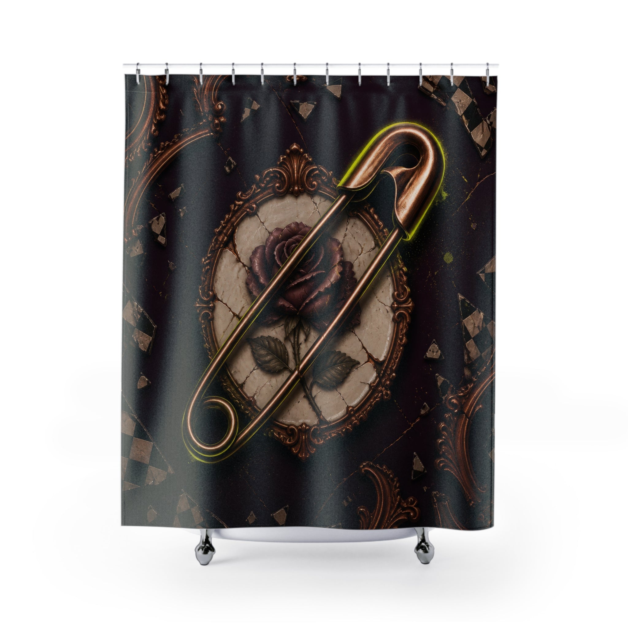 Safety pin crossing a cracked porcelain rose with checker shards shower curtain with full front view