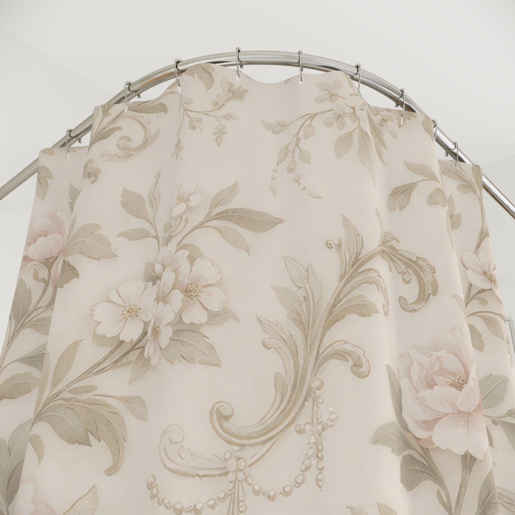 Elegant Floral Scroll Shower Curtain – Blush Sage