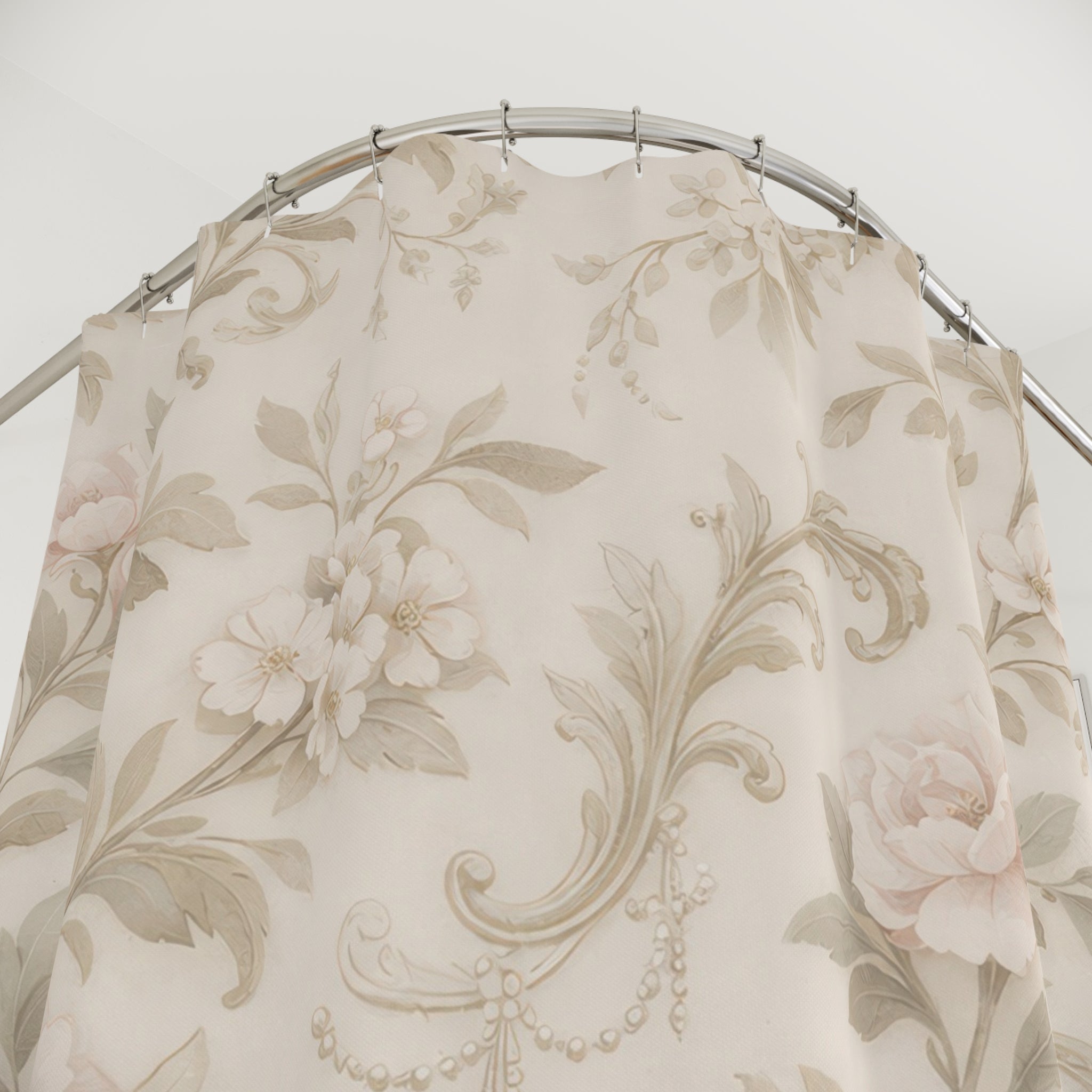 Elegant Floral Scroll Shower Curtain – Blush Sage