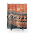 Elegant cranes crossing a coral sunrise wetland panorama shower curtain, full front view