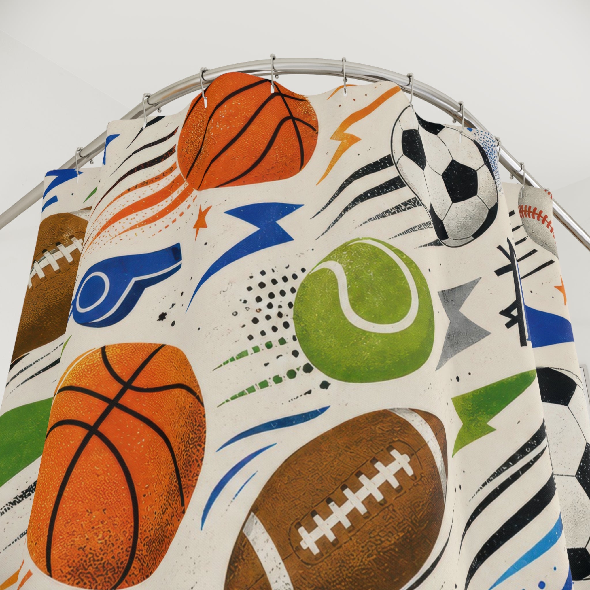 Sports Ball Shower Curtain, Basketball Soccer Football Bathroom Decor, Athletic Kids Bath Curtain, Boys Sports Bathroom Art, Game Room Decor