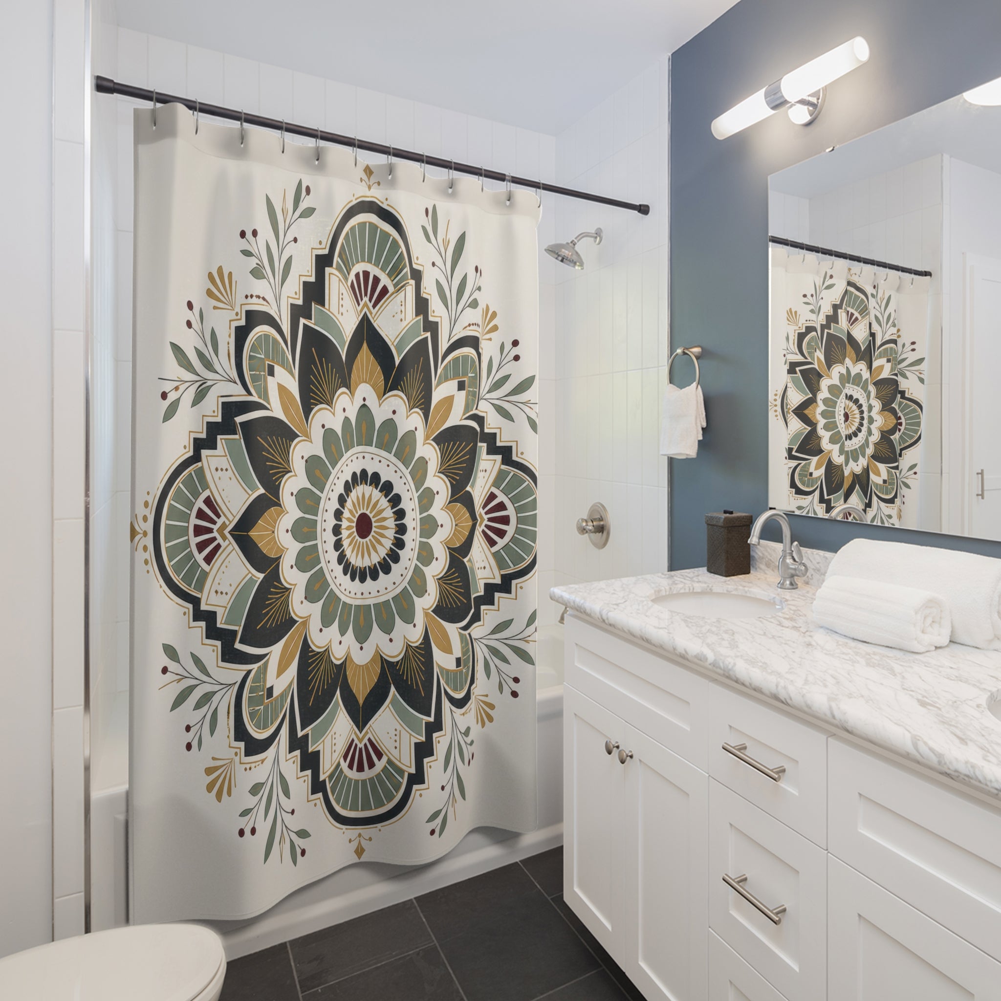 Black Green Gold Medallion Shower Curtain