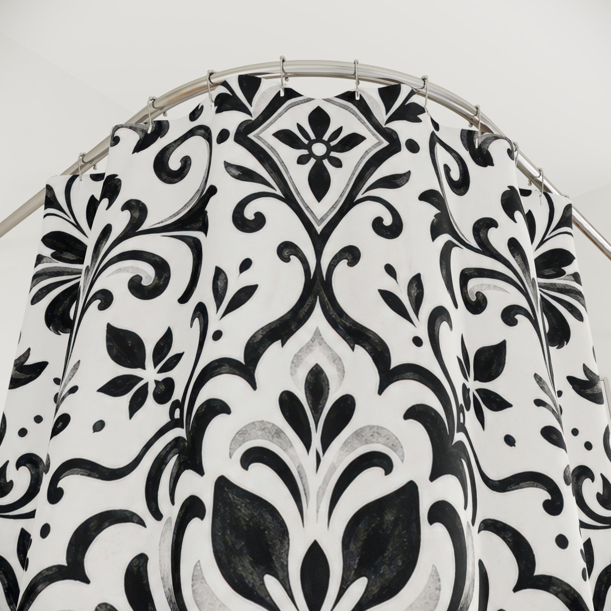 Black White Damask Floral Botanical Scroll Medallion Shower Curtain