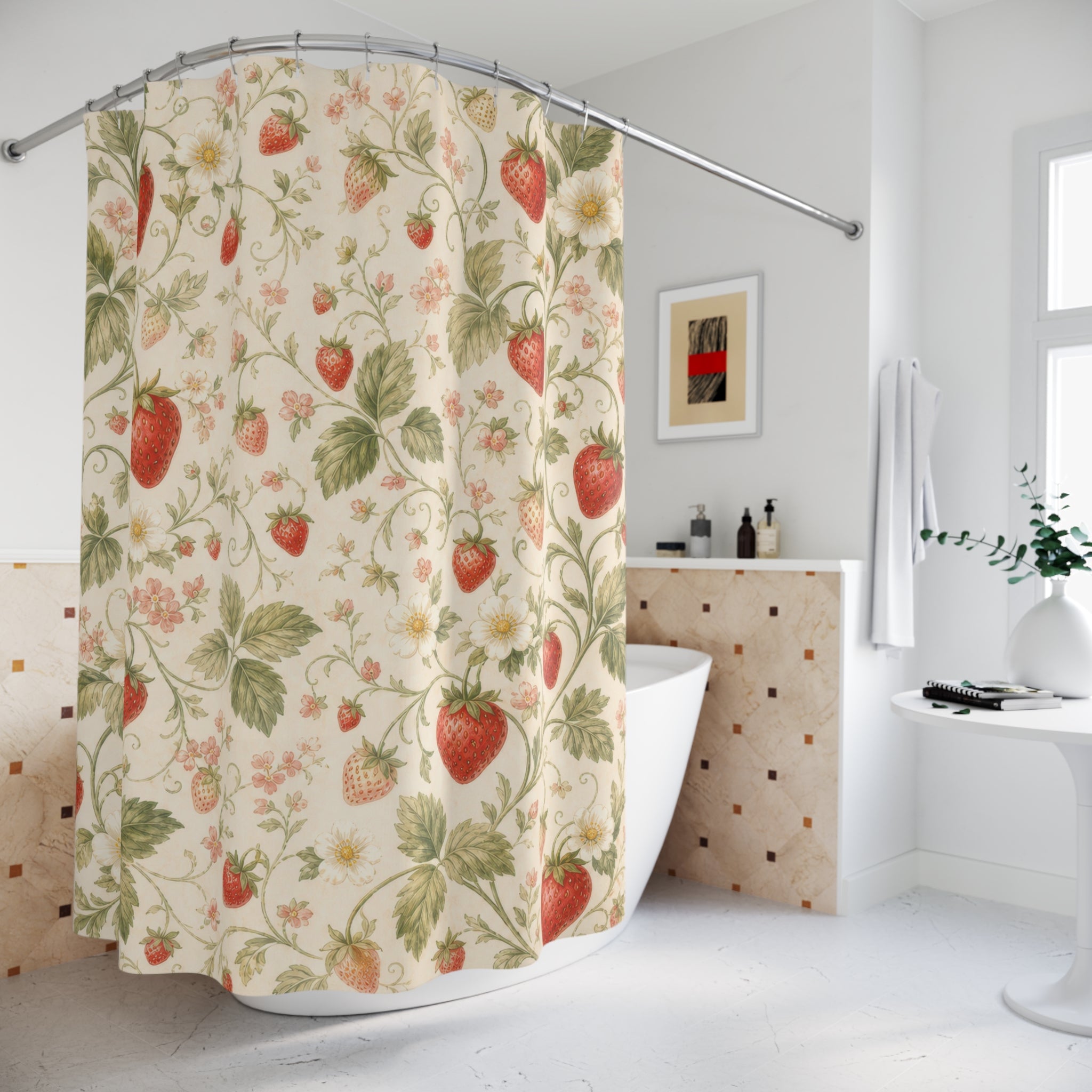 Strawberry Girl Fruit Floral Cottagecore Shower Curtain