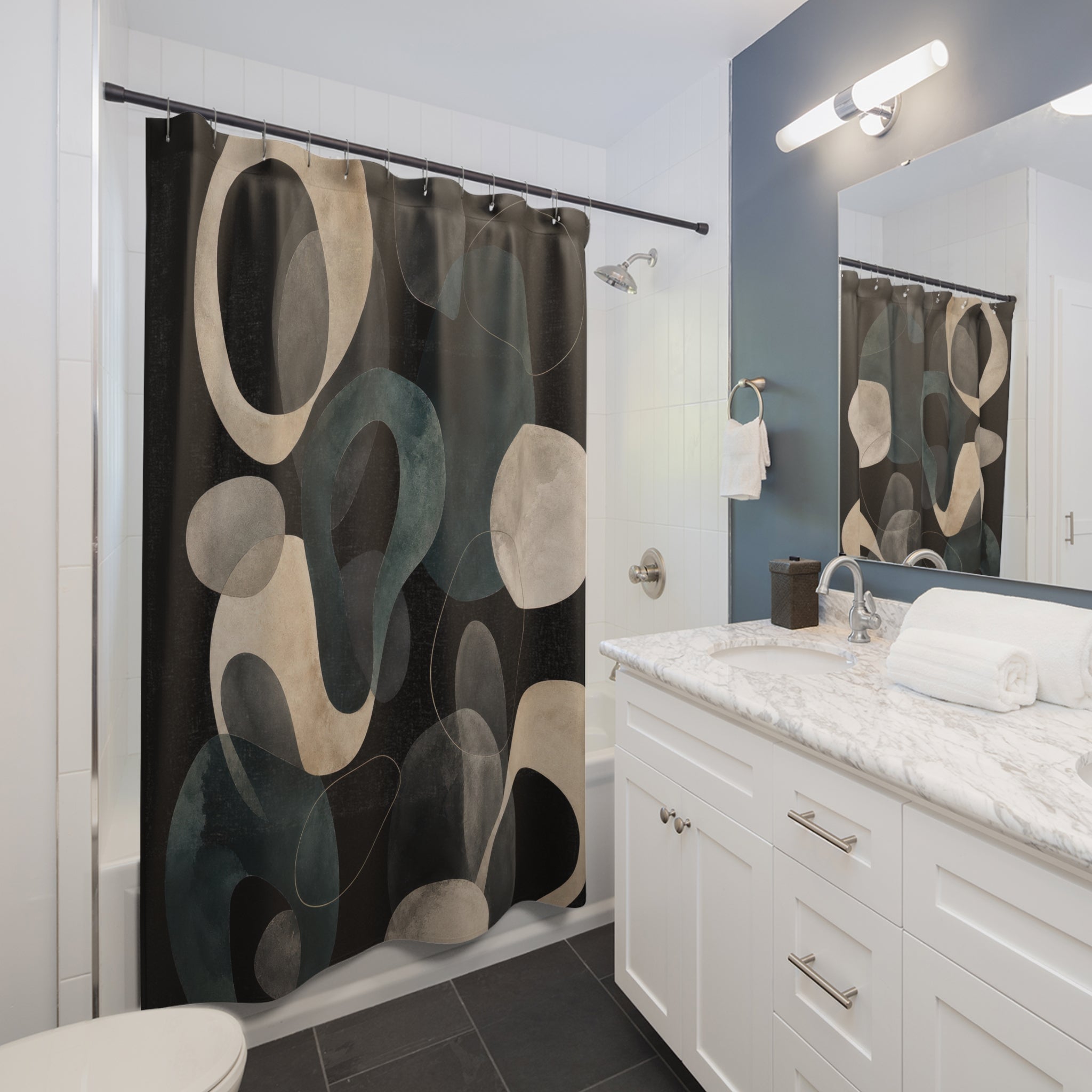Abstract Circle Shower Curtain, Black Modern Bath Decor, Teal Gray Orbital Shape Pattern, Cream Disc Bathroom Decor, Moody Art Style