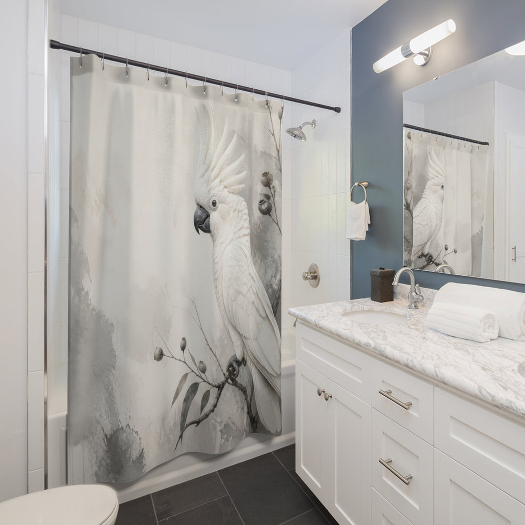 White cockatoo perched in soft grey ink wash foliage shower curtain installed beside a white vanity