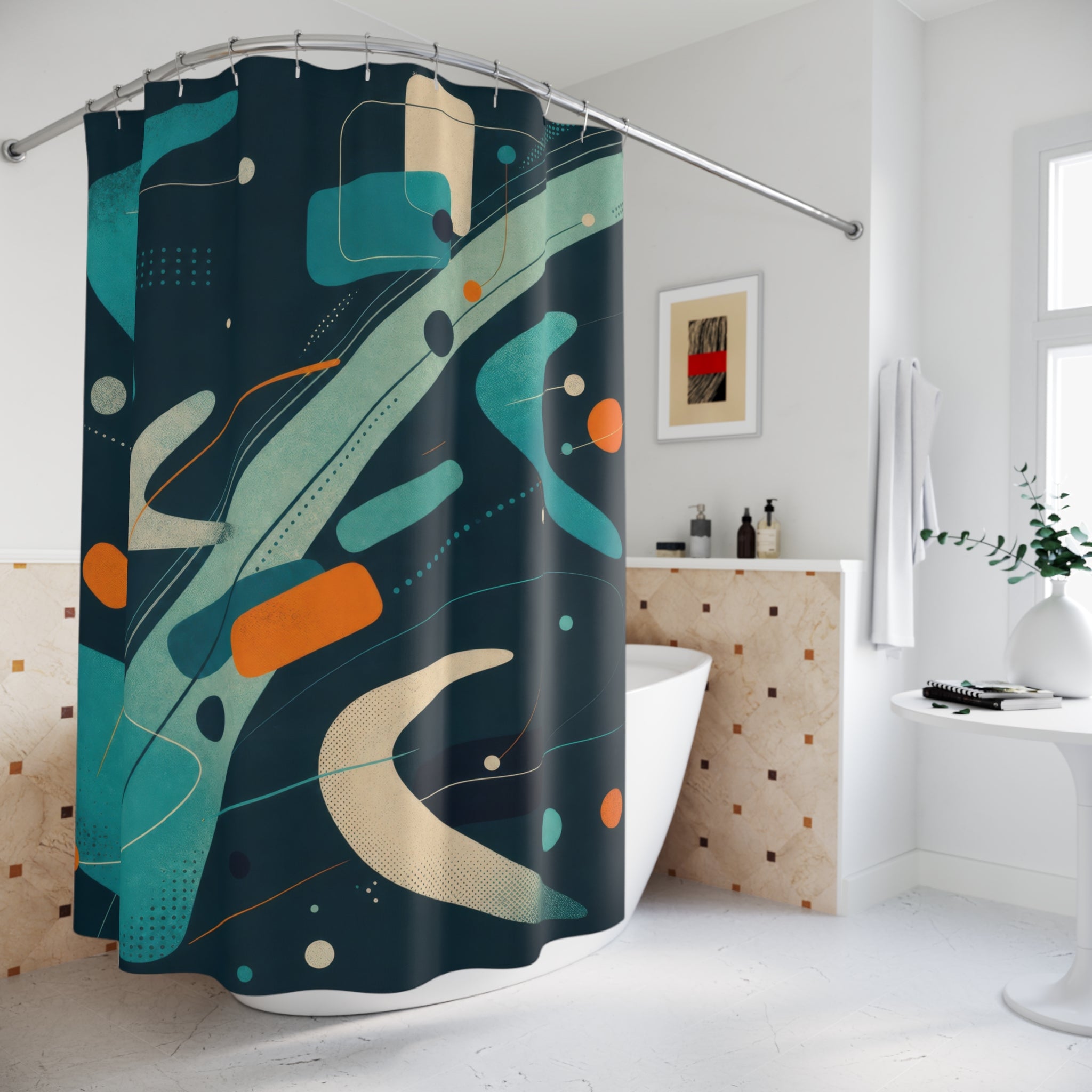 Teal Abstract Mid Century Style Shower Curtain