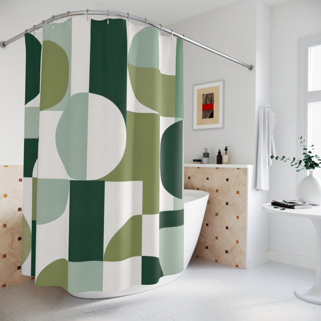 Green Geometric Shower Curtain, White Circle Bath Decor, Mid Century Block Pattern, Modern Guest Bathroom Decor, Sage Retro Style Decor