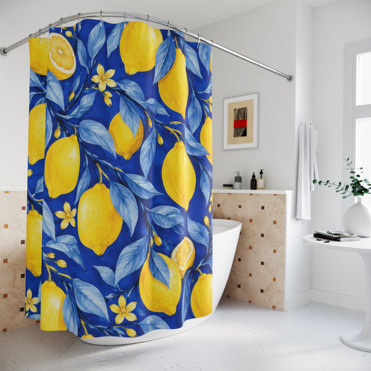 Yellow lemons and blossoms among blue leaves on cobalt shower curtain beside a freestanding tub