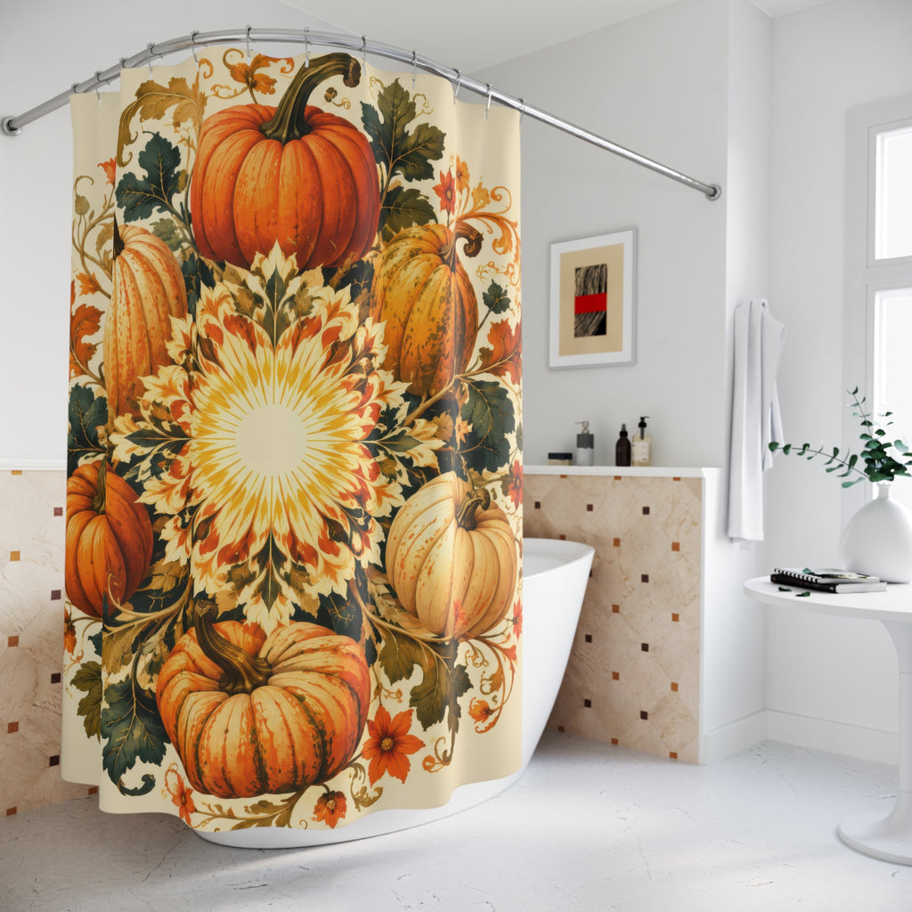 Orange pumpkin harvest rosette shower curtain beside a freestanding tub