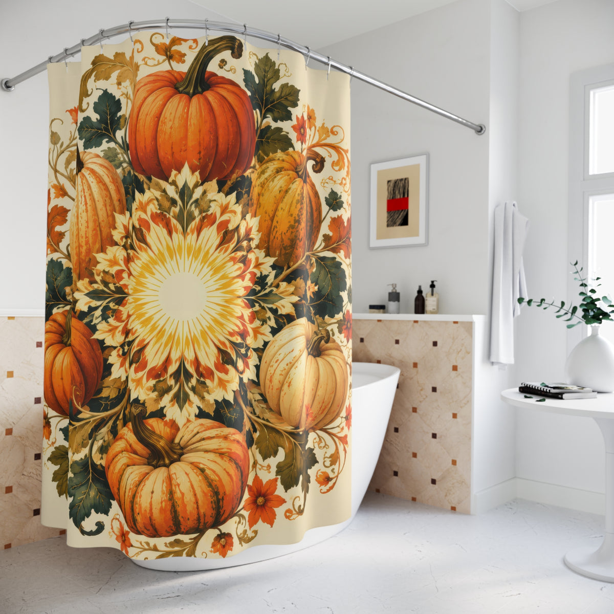 Orange pumpkin harvest rosette shower curtain beside a freestanding tub