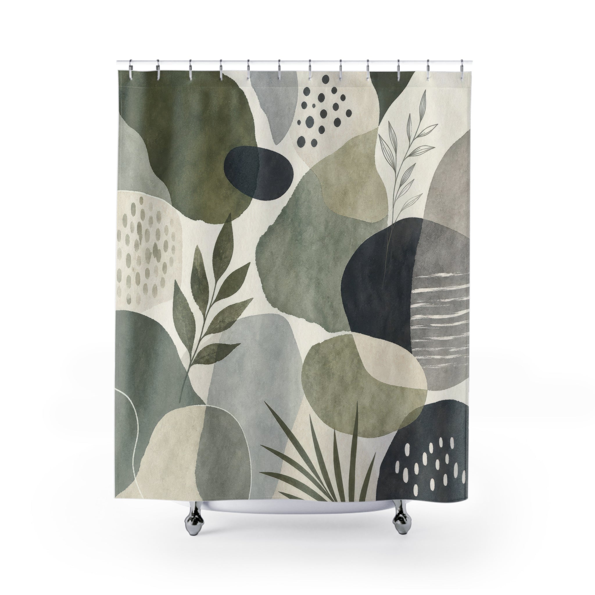 Green Abstract Leaf Shower Curtain, Olive Green Modern Bathroom Decor, Abstract Leaf Bath Curtain, Guest Bath Decor, Small Bathroom Decor