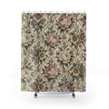 Pink peonies and mauve hellebores in a gold ribbon trellis shower curtain with full front view