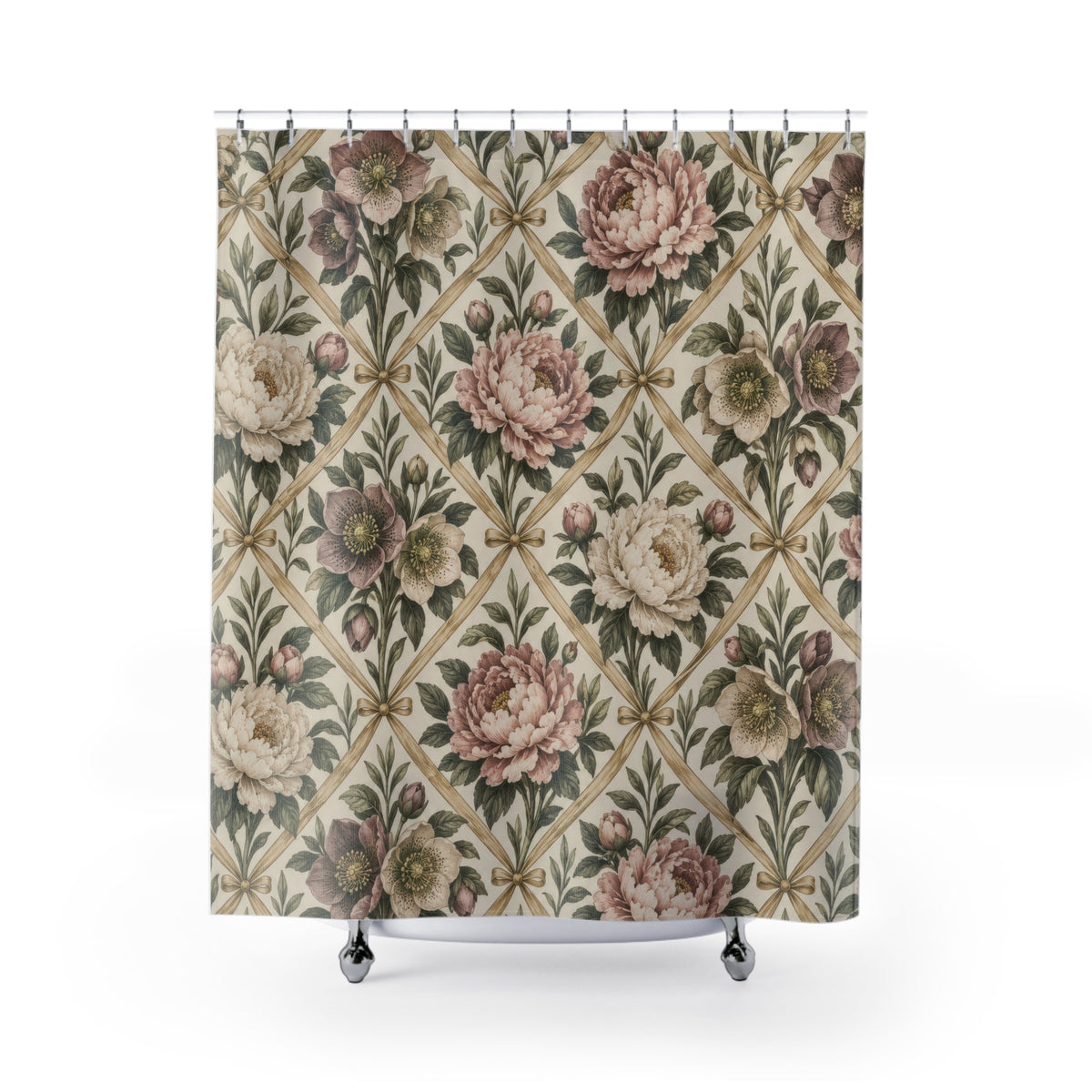 Pink peonies and mauve hellebores in a gold ribbon trellis shower curtain with full front view