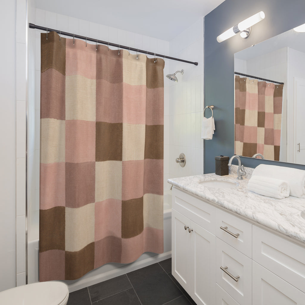 Plaid Shower Curtain, Pink Brown Farmhouse Bath Decor, Blush Cream Checkered Pattern, Soft Blush Neutral Guest Bathroom Decor Style