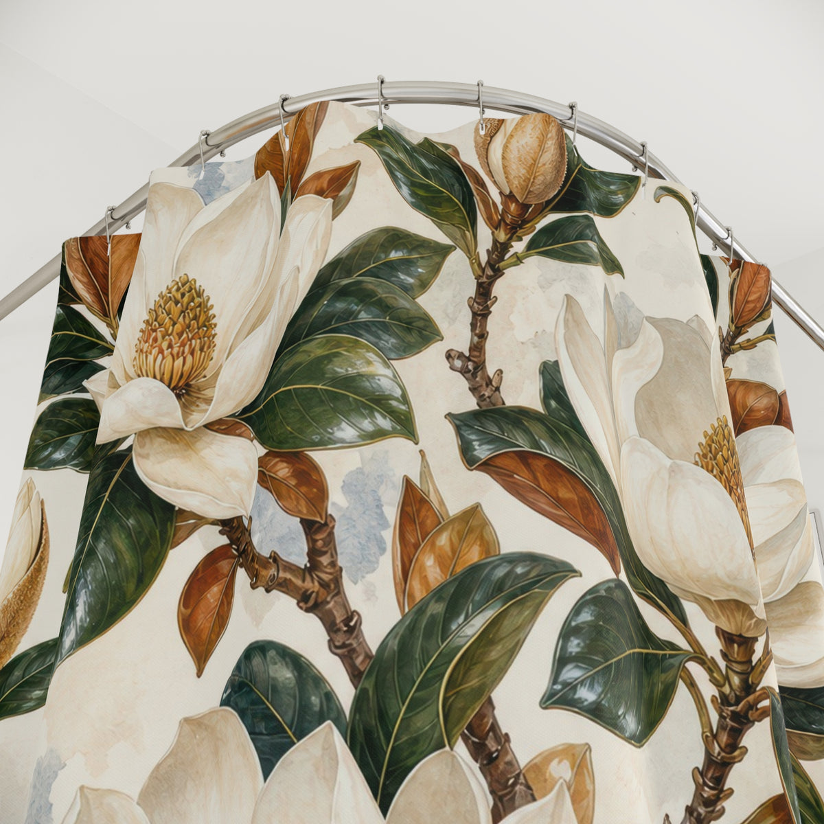 White Floral Botanical magnolia pattern shower curtain with close-up print, hooks, and folds