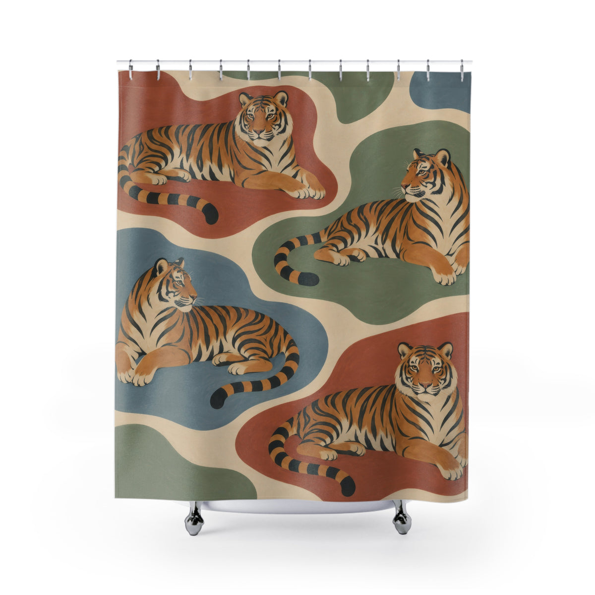 Ochre tigers on terracotta sage and dusty-blue shapes shower curtain with full front view
