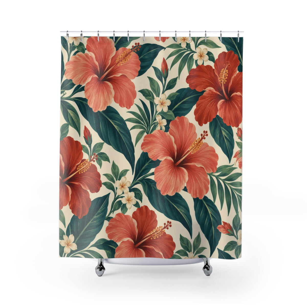 Coral hibiscus with teal leaves on ivory shower curtain with full front view