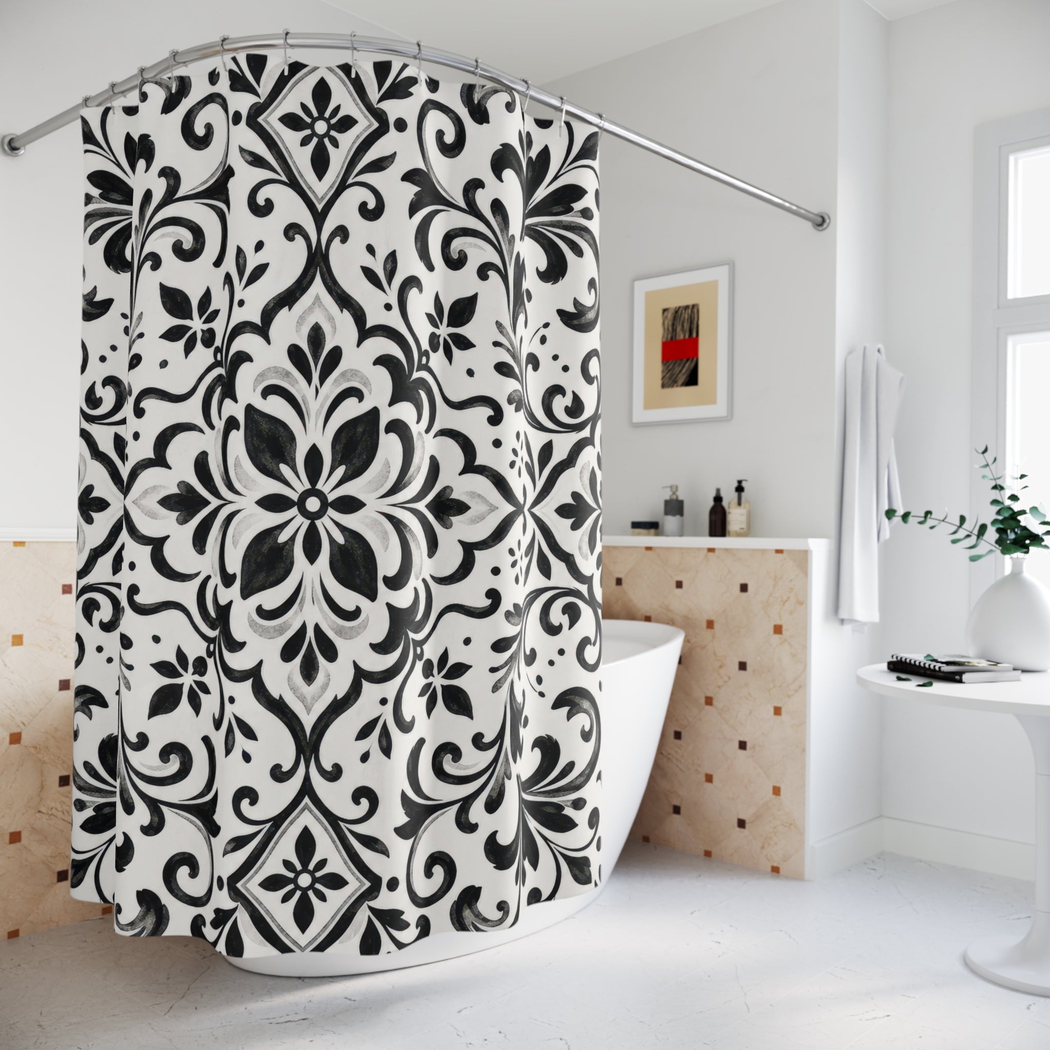 Black White Damask Floral Botanical Scroll Medallion Shower Curtain