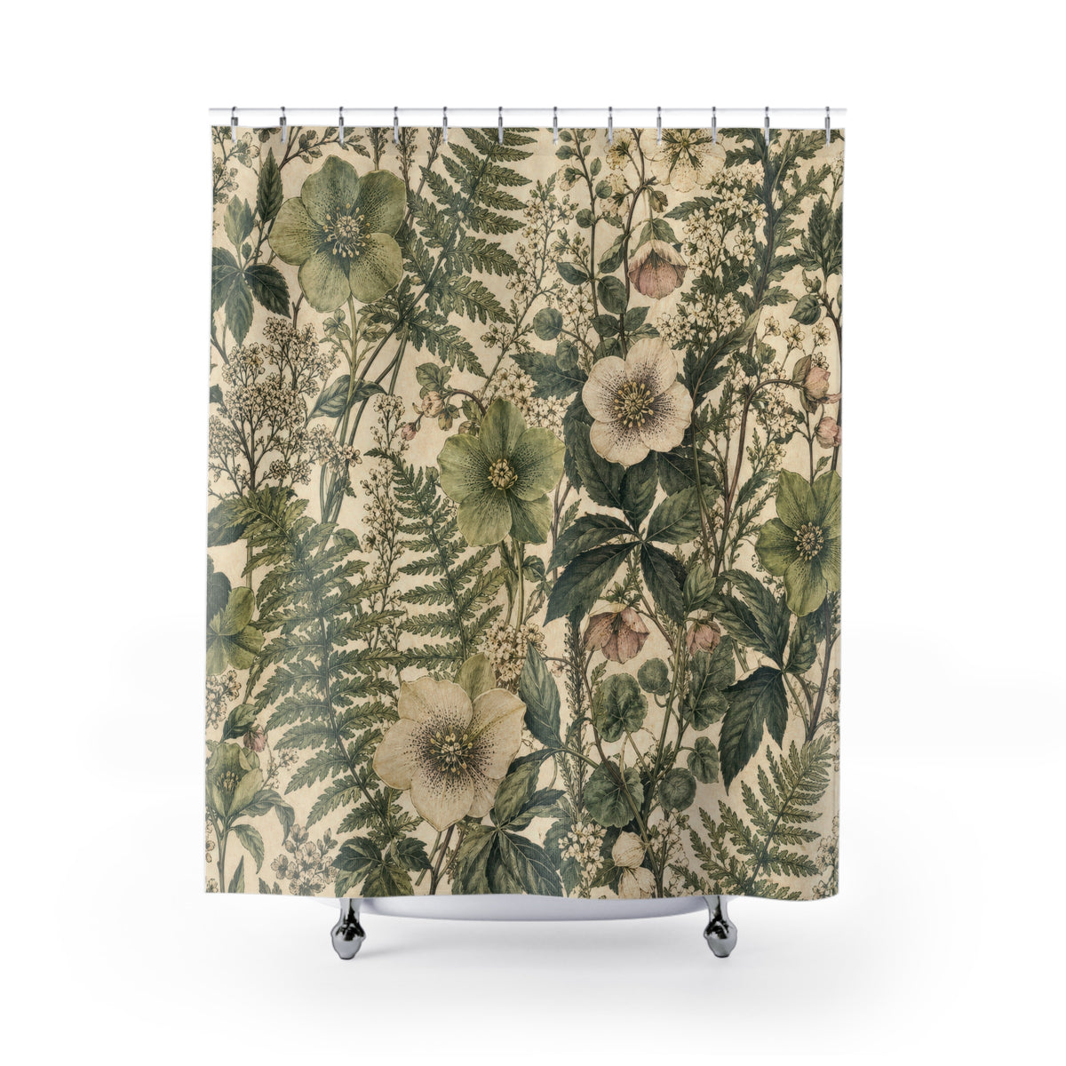 Vintage Fern Floral green botanical shower curtain with full front view