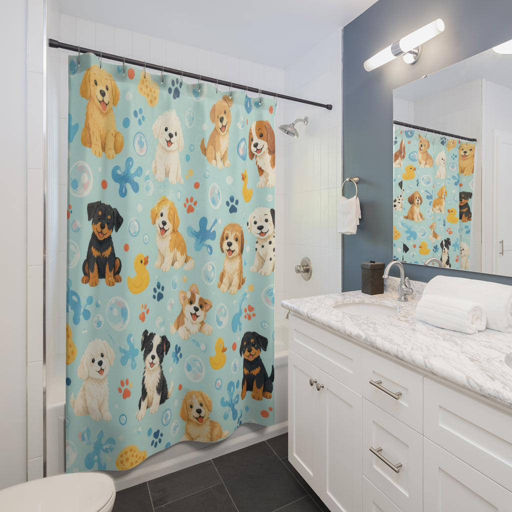 Kids Dog Shower Curtain, Cute Puppy Paw Print Pattern, Blue Pet Bathroom Decor, Playful Kids Wall Decor Guest Bath Gift For Dog Lovers